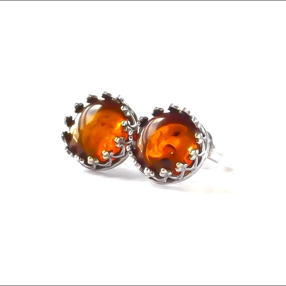 ♚♔♛925 sterling silver genuine amber bezel set gemstone crown stud earrings♛♔♚ - Picture 5 of 8